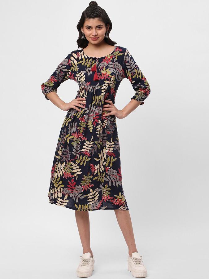 R&B Women Blue Floral Three-Quarter Sleeves Round Neck Midi A-Line Ethnic Dress