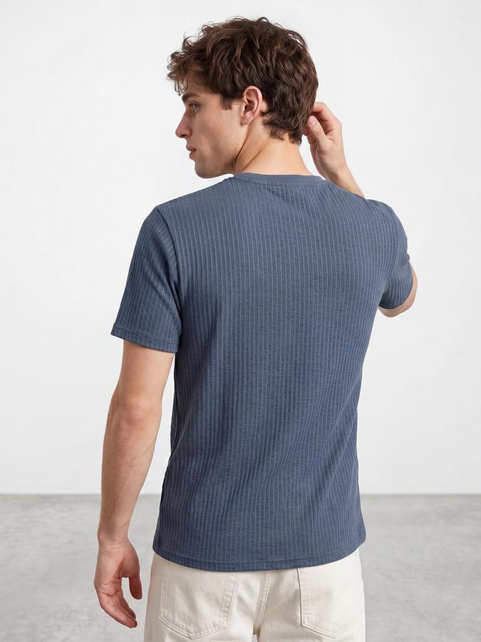 R&B Men Blue Ribbed Short Sleeves Tshirt