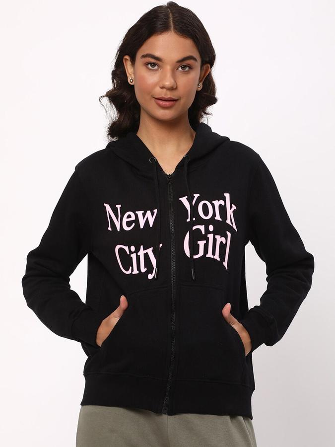 R&B Women Black Long Sleeves Graphic Hooded Neck Jacket