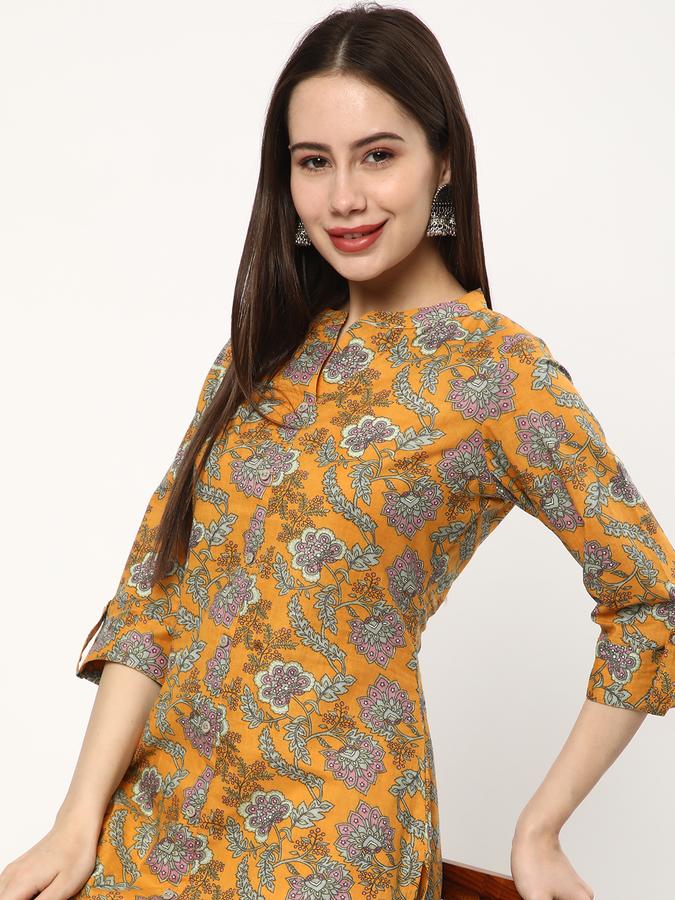 Women Cotton Regular Fit Mandarin Collar Printed Kurta