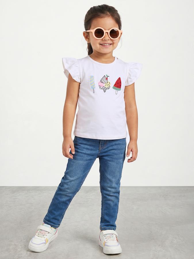 R&B Girls White Regular Fit Graphic Print Short Sleeve T-shirt
