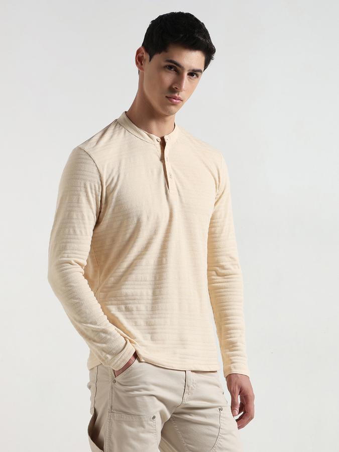 Men Cotton Blend Regular Fit Henley Textured T-shirt