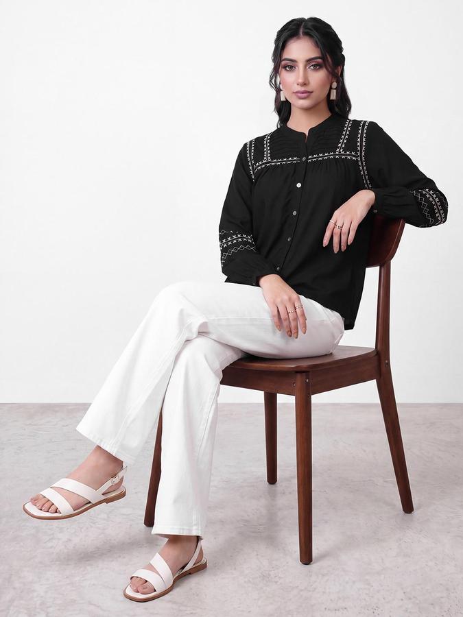R&B Womens Black Mandarin Collar Long Sleeves Embroidered Top