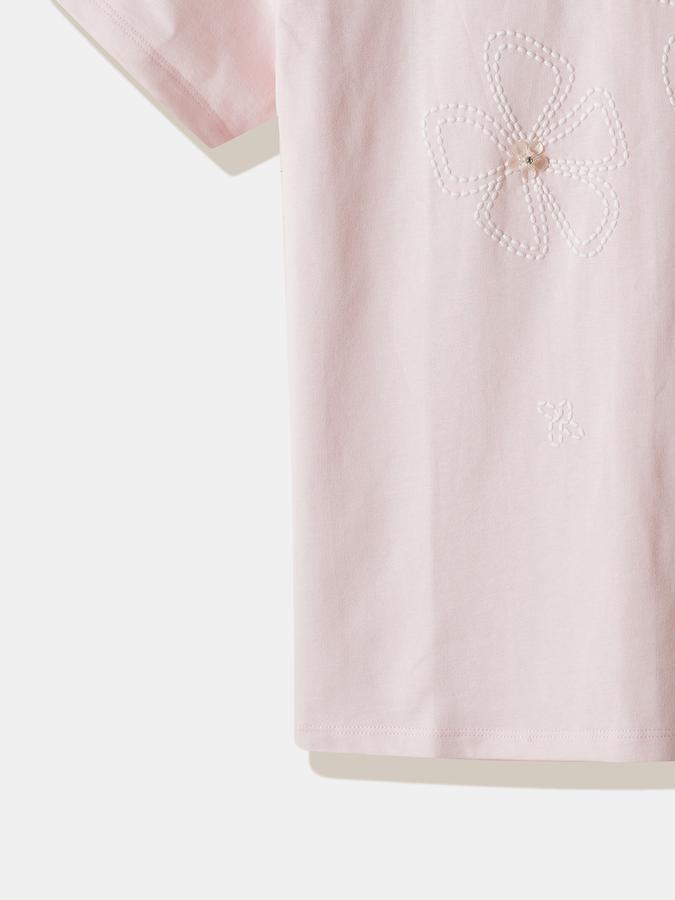 Girls Cotton Regular Fit Crew Neck Short Sleeve Embroidered Top