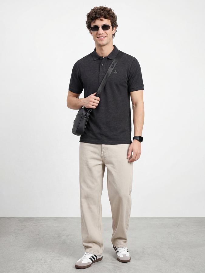 R&B Men's Grey Melange Short Sleeves Polo Collar Solid T-Shirt