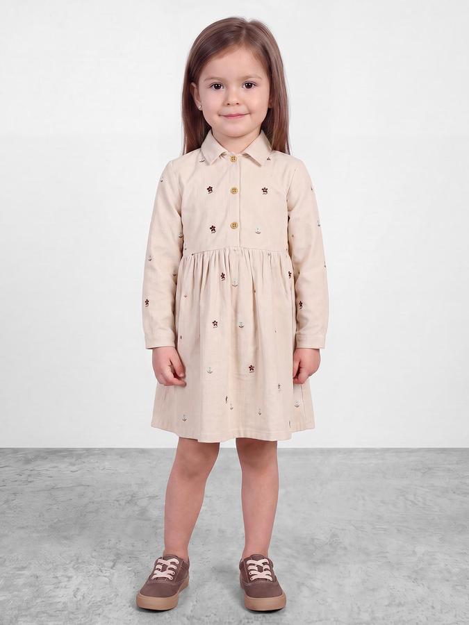 R&B Girls Beige Floral Embroidered Shirt Collar Long Sleeves Fit and Flare Dress