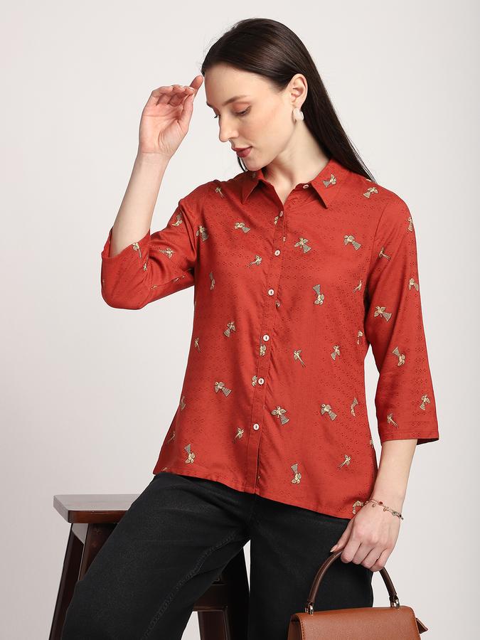Women Viscose Regular Fit Collared Neck Printed Top