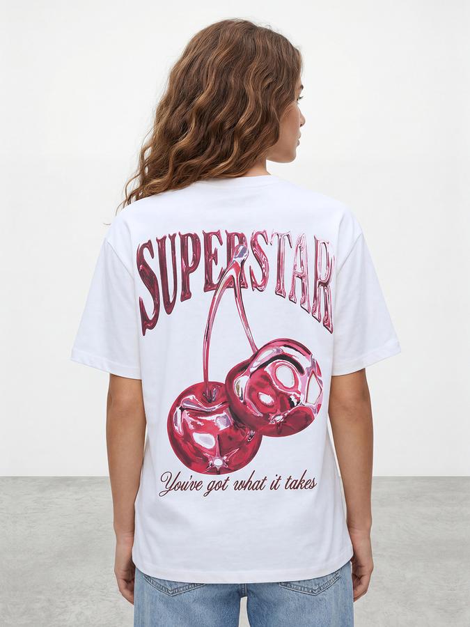 R&B Women's White Graphic Back Print Regular Fit Round Neck Half Sleeve T-Shirt