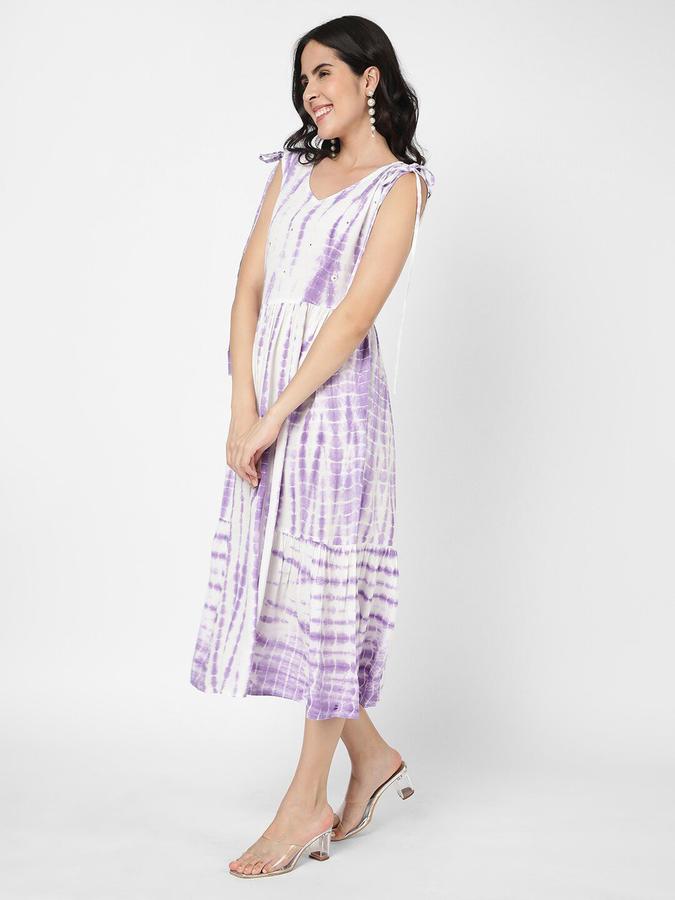 R&B Women Lavender Tie - Dye Sleeveless V-Neck Midi A-Line Ethnic Dress