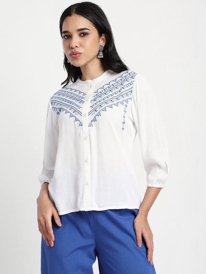 Women Viscose Regular Fit Mandarin Collar Embroidered Top