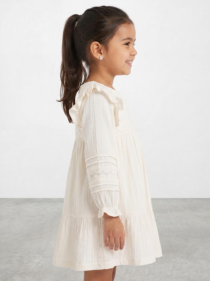 R&B Girl White Texture Pure Cotton Long Sleeves Fit and Flare Dress