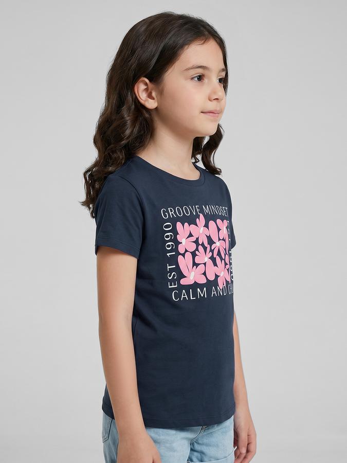 R&B Navy Blue Graphic Print Girls Round Neck Regular Fit Short Sleeves T-Shirt 