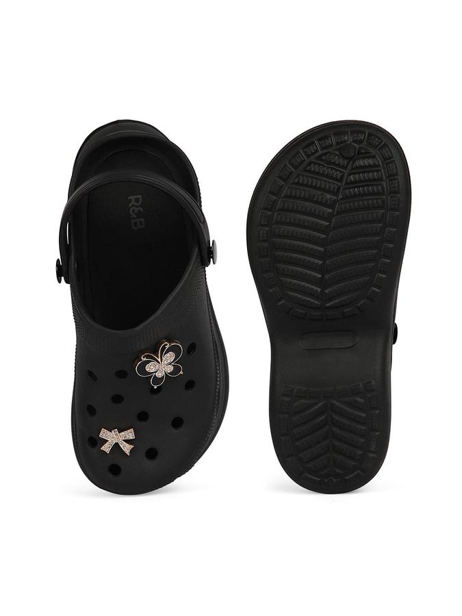 R&B Women Black Bow & Butterfly Embellished Clogs 