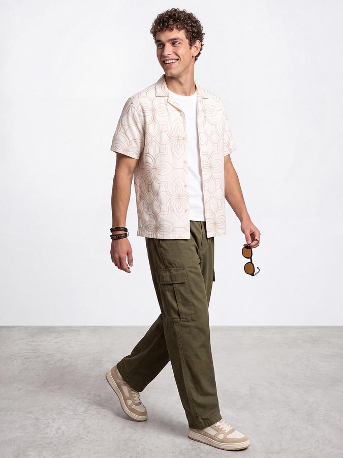 R&B Men Cream Textured Short Sleeves Relaxed Fit Shirt