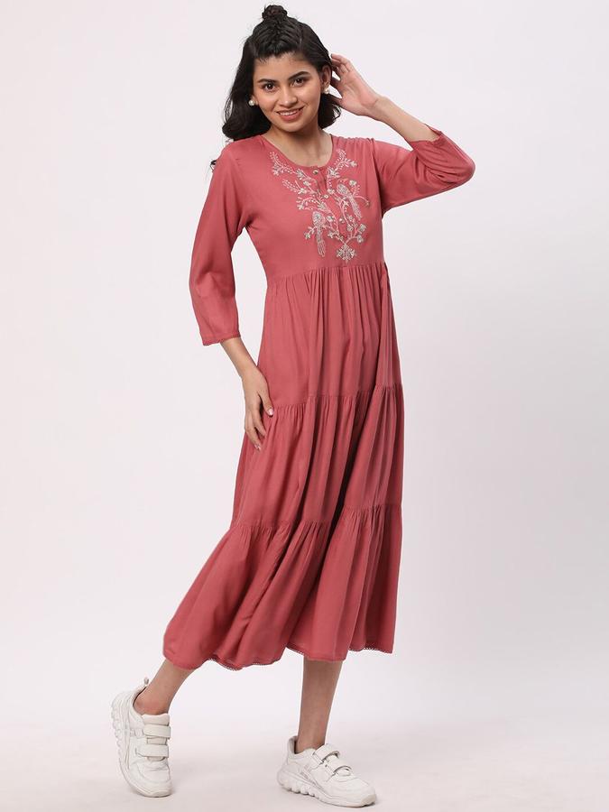 R&B Women Pink Embroidered Three Quarter Sleeves Fit &amp; Flared Midi  Ethnic Dress