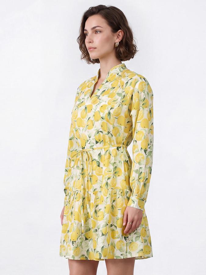 R&B Women Yellow Floral Print Mandarin Collar Cuffed Long Sleeves Fit & Flare Mini Dress