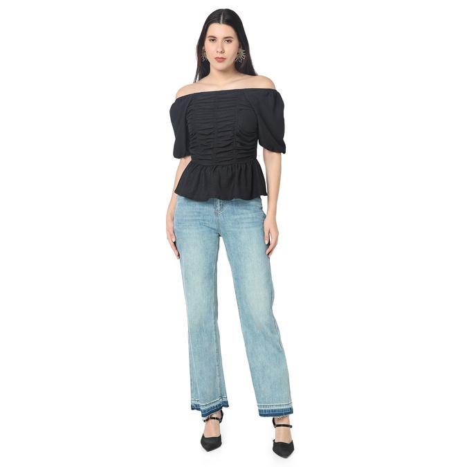 R&B Women Black Solid Ruched Off-Shoulder Peplum Top