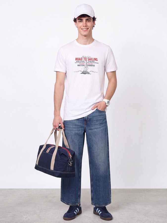 R&B Men White Graphic Print Short Sleeves Pure Cotton Tshirt