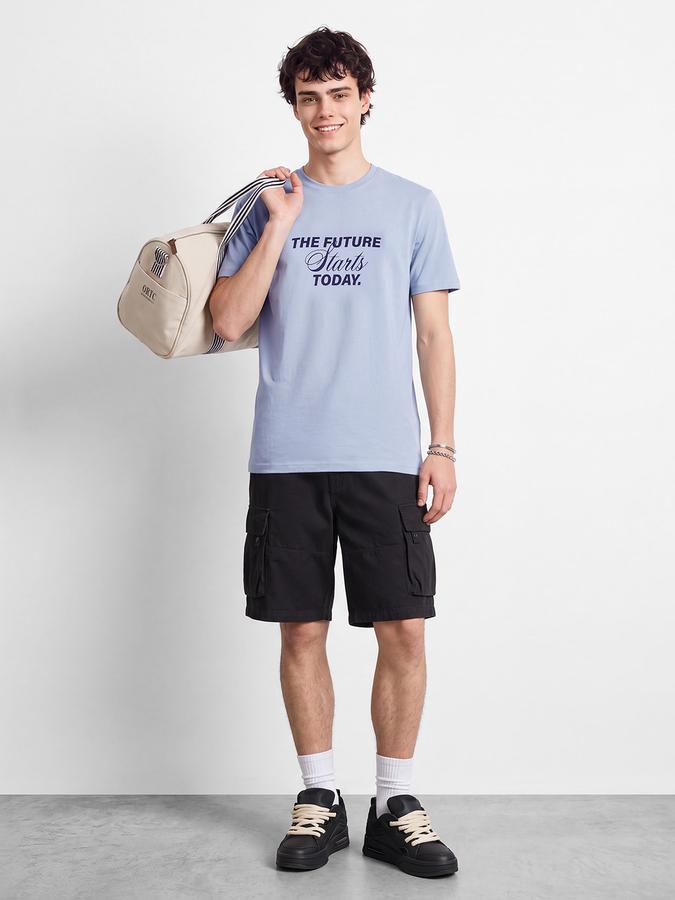 R&B Men Dusty Blue Typographic Print Short Sleeves Pure Cotton Tshirt