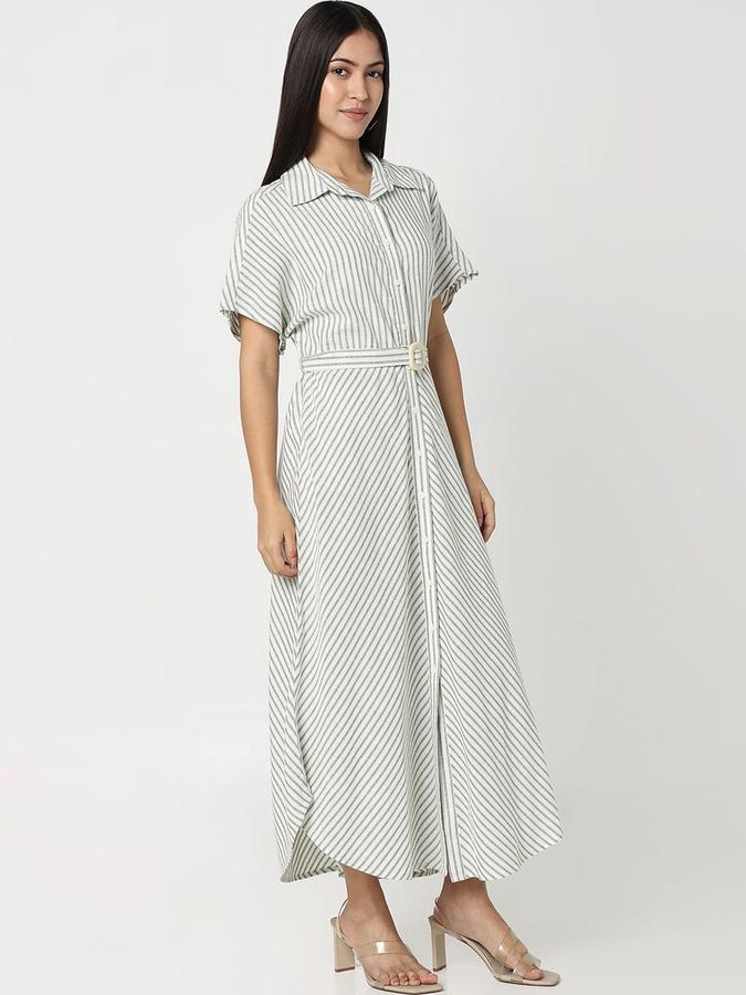 R&B Women Green Striped Half Sleeves Shirt Collar Maxi Shirt Dress
