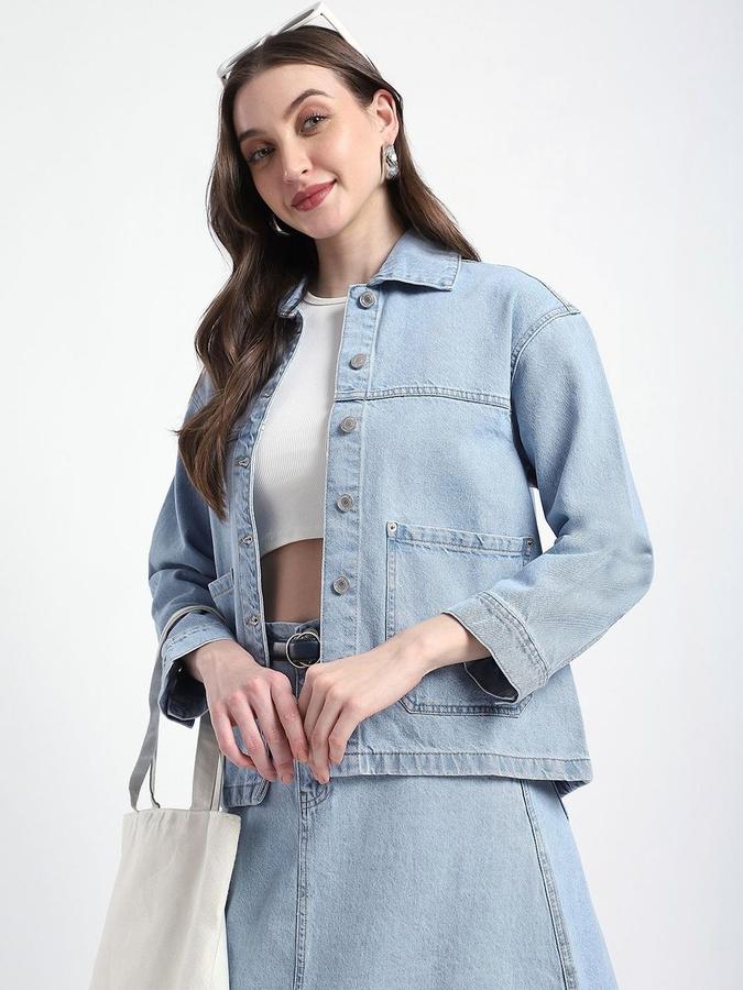 R&B Women Light Blue Long Sleeves Solid Shirt Collar Denim Jacket