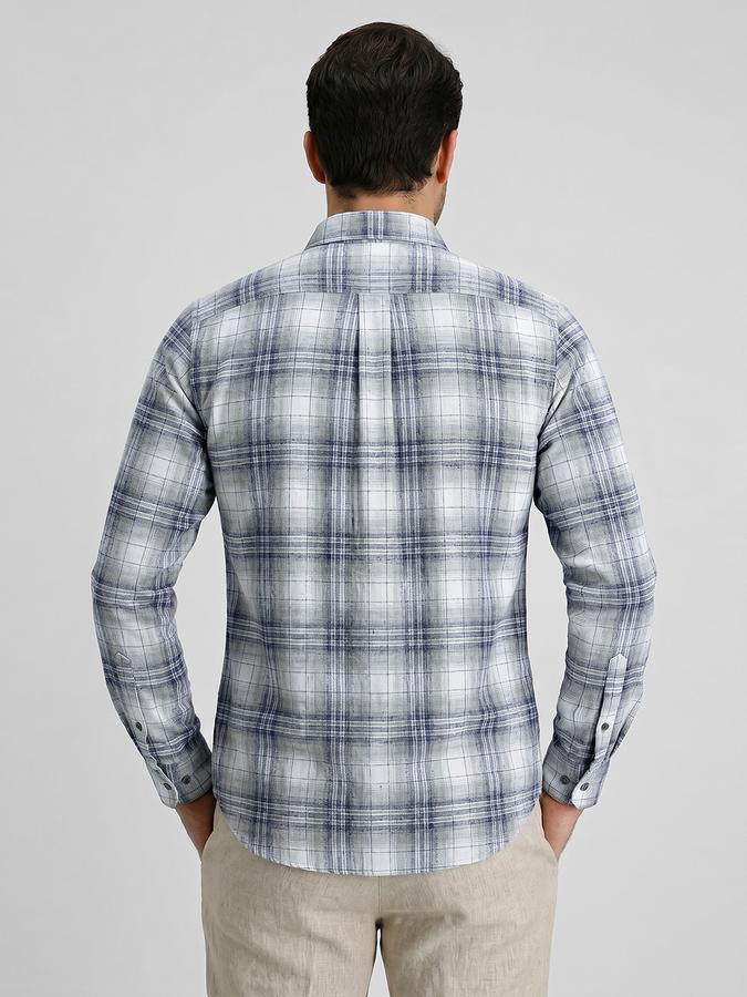 R&B Blue Checked Men Spread Collar Long Sleeves Shirt