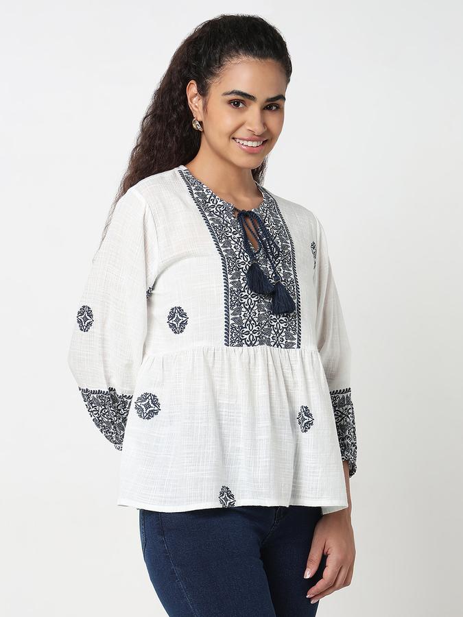 Women Cotton Blend Relaxed Fit Round Neck Embroidered Top