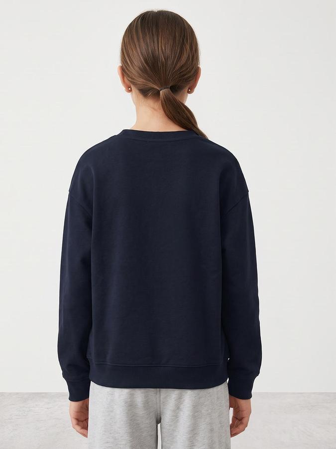 R&B Girls Dark Blue Graphic Print Round Neck Long Sleeves Sweatshirt