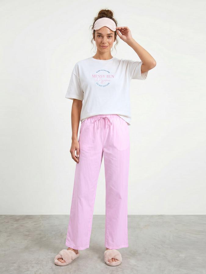 R&B Women's White & Pink Printed Pure Cotton T-Shirt & Pyjama Night Suit Set