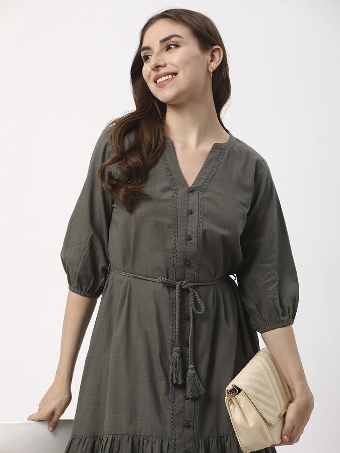 R&B Women Olive Solid Three-Quarter Sleeves V-Neck Knee Length Fit &amp; Flare Dress