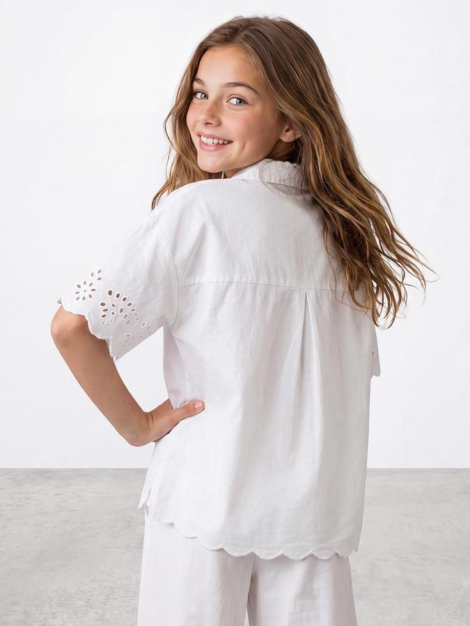 R&B Girls White Self Design Collared Neck Short Sleeves Shirt