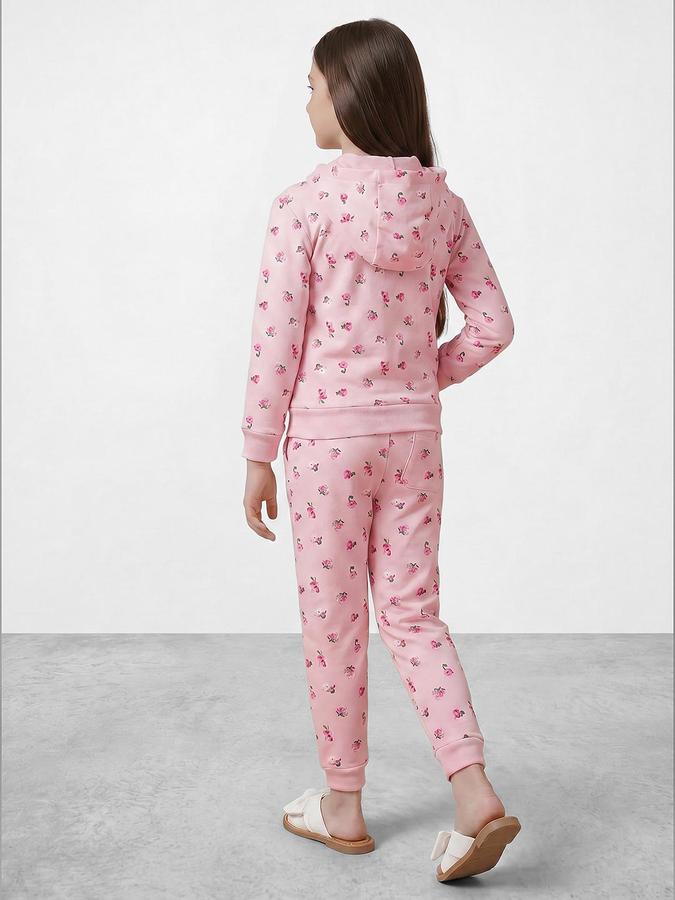 R&B Girls Pink Printed Long Sleeves Hooded Neck Sweatshirt& Joggers Set 