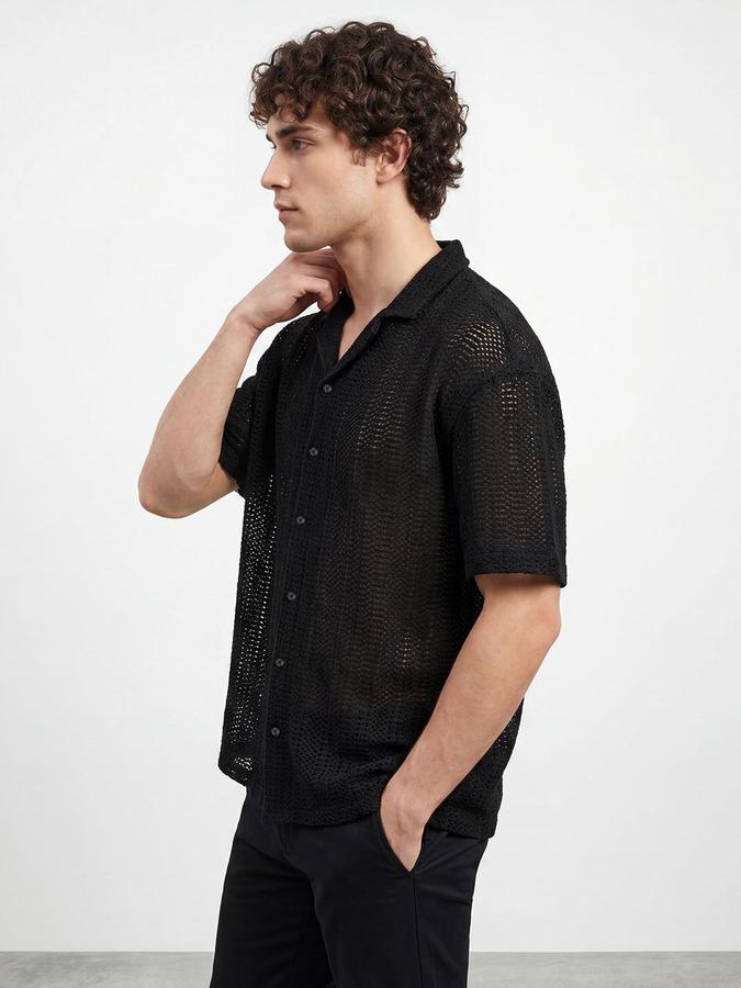 R&B Men Black Textured Resort Collar Short Sleeves Relaxed Fit Shirt