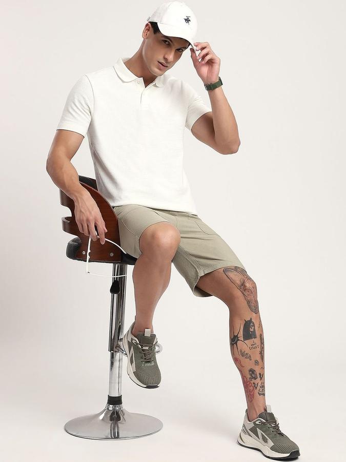 R&B Mens Ivory Self Design Polo Collar Short Sleeves T-shirt