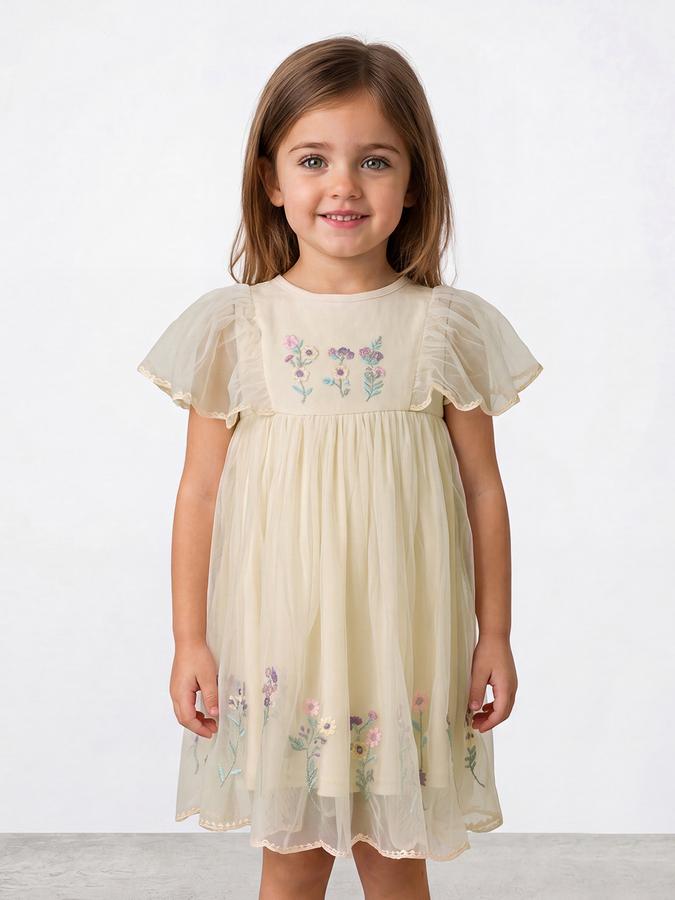 R&B Girl White Embroidery Floral Flutter Sleeves A-Line Dress