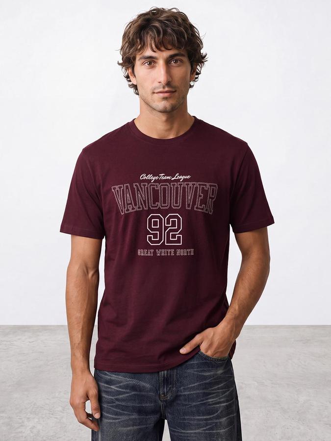 R&B Men Plum Short Sleeve Round Neck Typography Print T-Shirt
