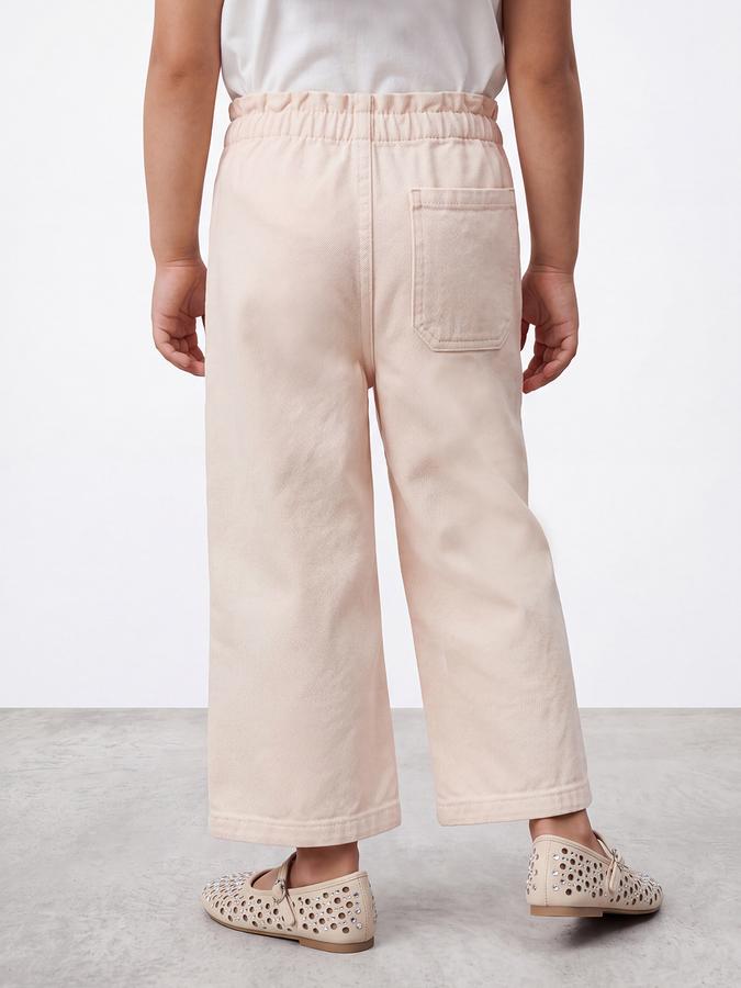 R&B Girls Beige Solid Pure Cotton Wide Leg Mid Rise Trousers