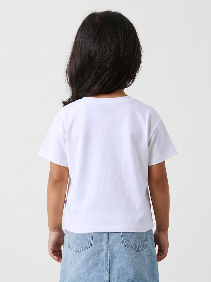 R&B Girls White Regular Fit Stitch Printed Short Sleeve T-shirt
