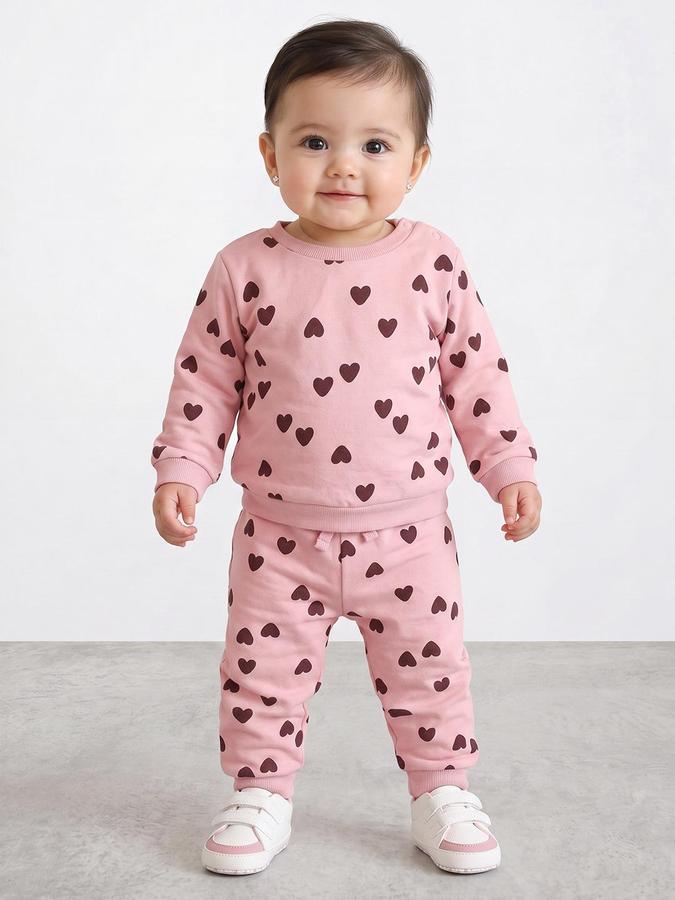 R&B Girls Peach All Over Heart Print Sweatshirt and Pant Night Suit