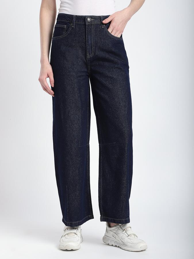 R&B Women Dark Blue Solid Wide-Leg Jeans