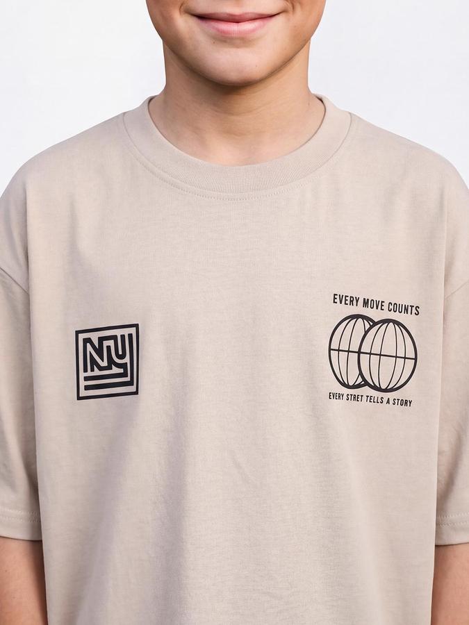 R&B Boys Beige Short Sleeve Round Neck Typography Graphic Print T-Shirt