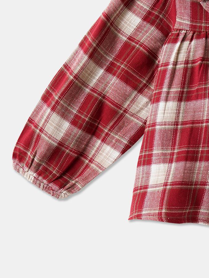 Girls Cotton Regular Fit Ruffled Collar Long Sleeve Plaid Top