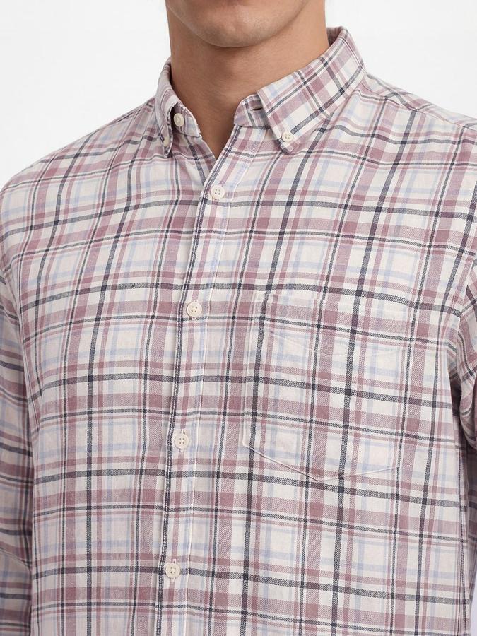 R&B Men Mauve Button Down Long Sleeves Checked Shirt