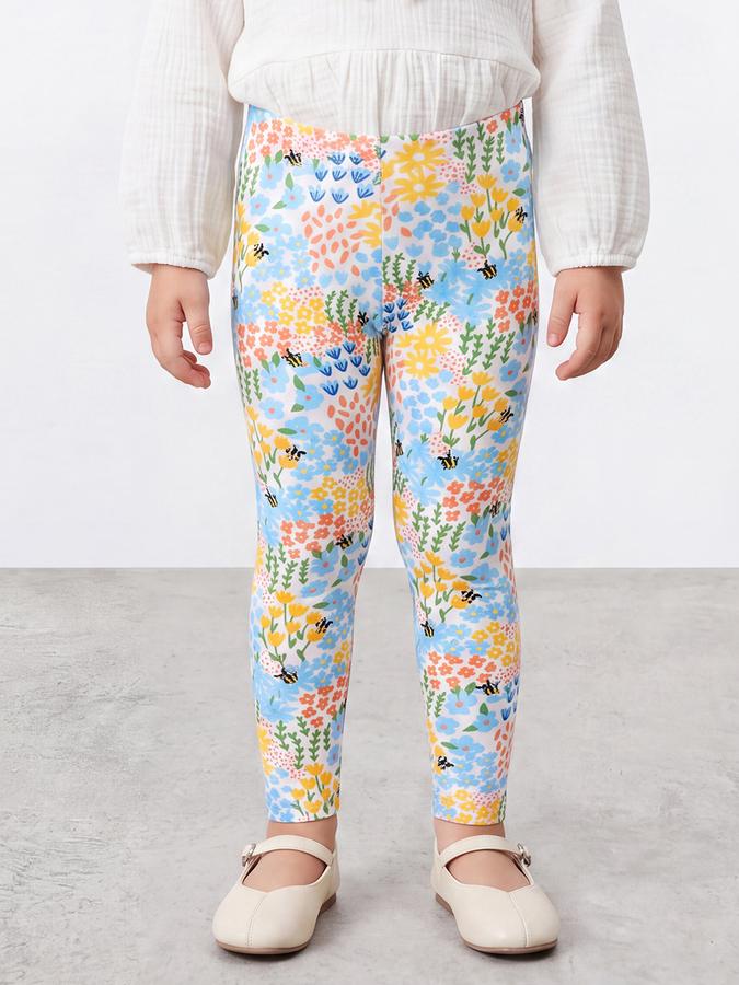 R&B Girls White Floral Print Elasticated Waist Leggings