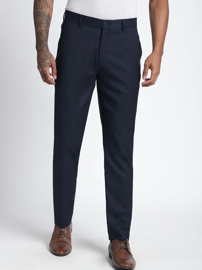 R&B Men Navy Blue Solid Regular Fit Formal Trousers