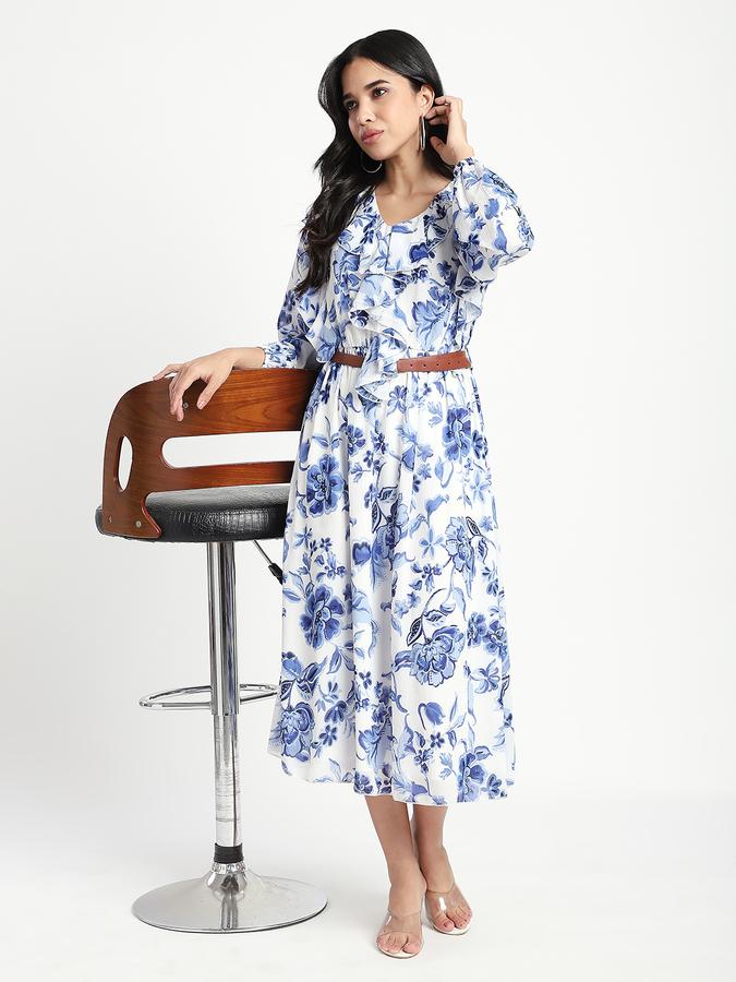 R&B Women Blue Floral Print Ruffle Midi Dress