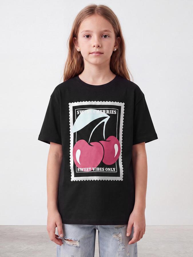 R&B Girls Jet Black Strawberry Print Short Sleeves Round Neck Pure Cotton T-Shirt