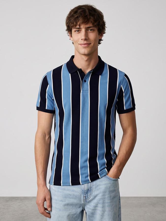 R&B Men Navy Striped Short Sleeves Polo Collar Pure Cotton T-Shirt