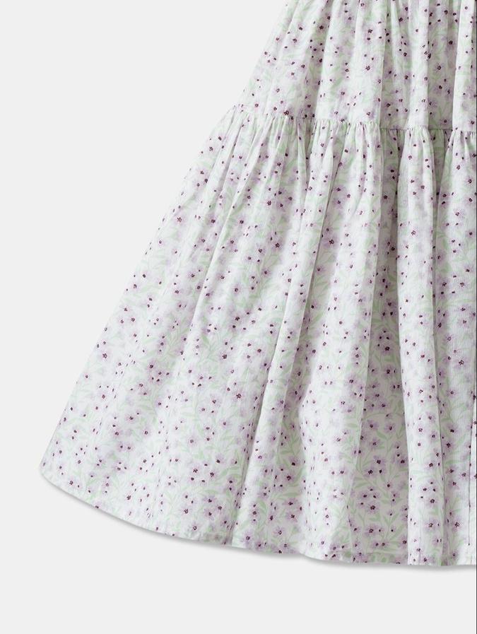 R&B White Floral Printed Girls Short Sleeves Dress