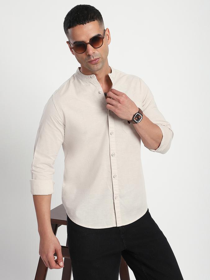 Men Cotton Slim Fit Mandarin Collar Solid Shirt
